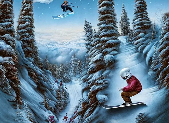 Prompt: a snowboard downhill that takes to a portal to another dimension, lowbrow, matte painting, 3 - d highly detailed, in the style of mark ryden,