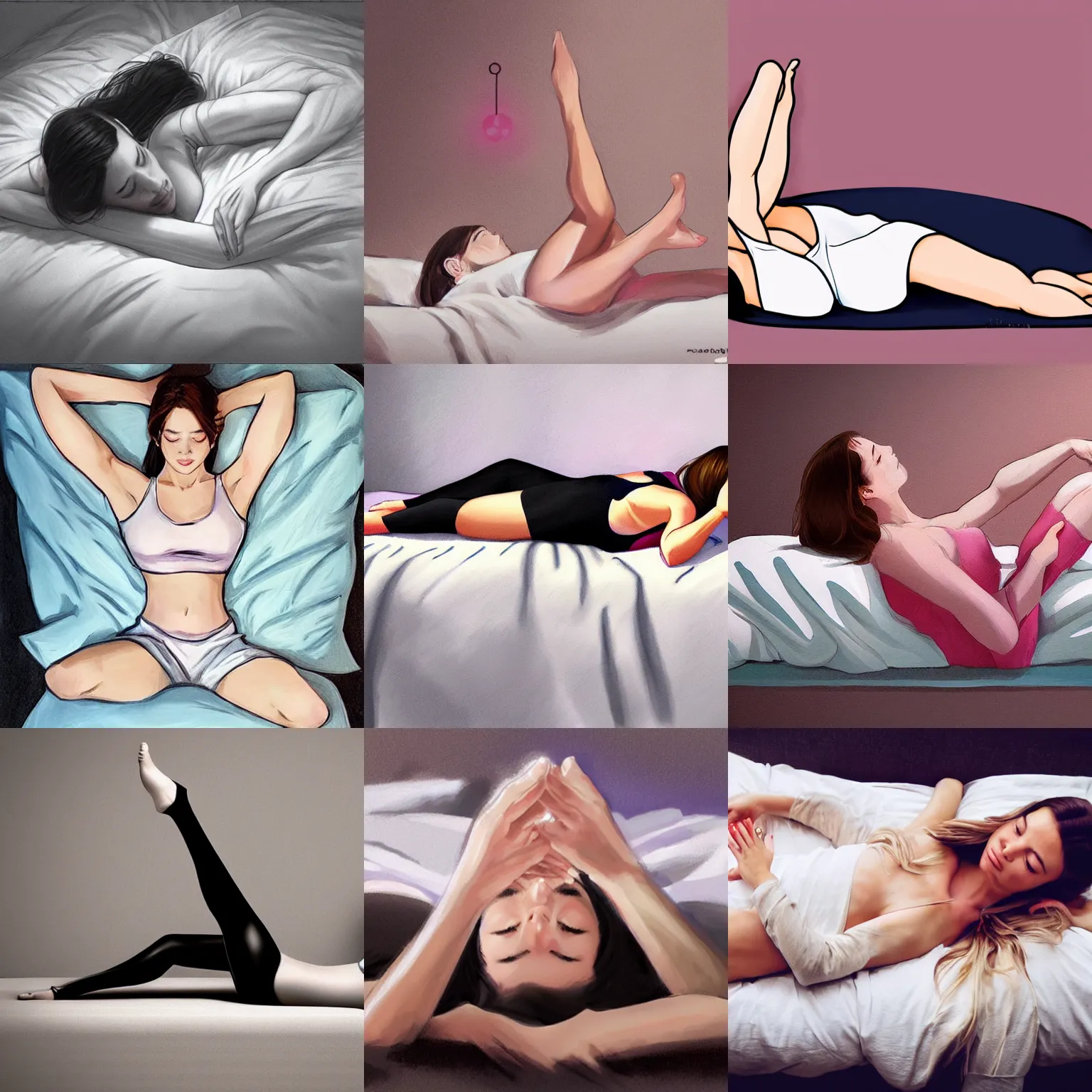 Prompt: girl lying on her belly in bed with her hands on her chin and her feet in the air, in the style of artgerm