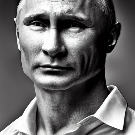 Image similar to vladimir putin sigma male, megachad, grindset, muscular, black and white image, powerful jaw, smiling, 8 k, professional portrait photography