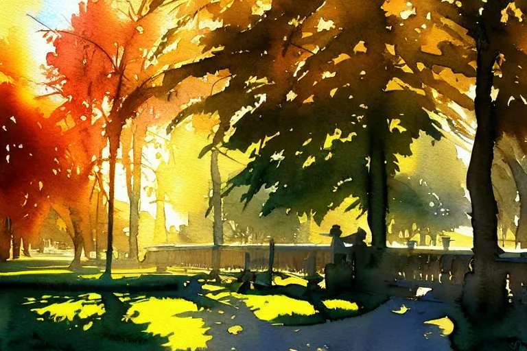 Image similar to small centered on watercolor paper, paint brush strokes, abstract watercolor painting of city park, daylight, shadows, foliage, sunlight, translucent leaves, cinematic light, national romanticism by hans dahl, by jesper ejsing, by anders zorn, by greg rutkowski, by greg manchess, by tyler edlin