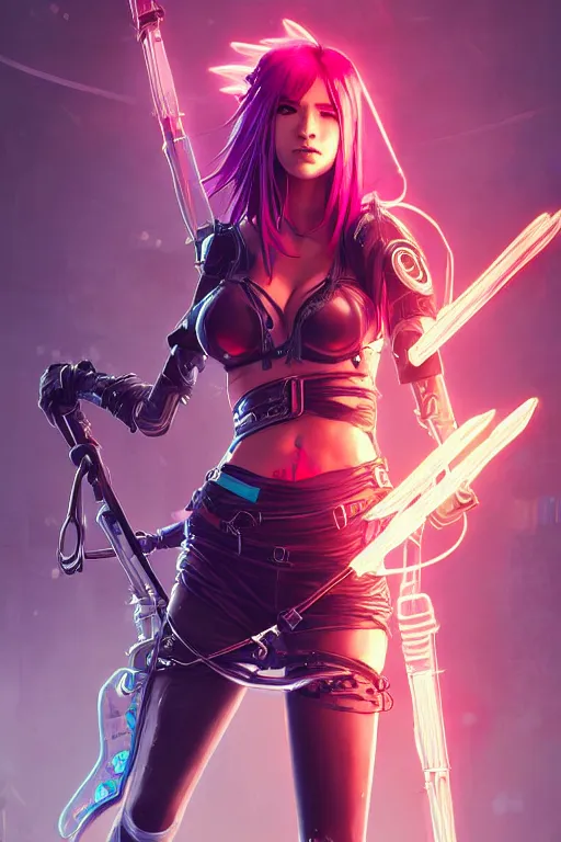 Image similar to katarina from league of legends, cyberpunk futuristic neon. she is holding blades, decorated with traditional japanese ornaments by ismail inceoglu dragan bibin hans thoma greg rutkowski alexandros pyromallis nekro rene maritte illustrated, perfect face, fine details, realistic shaded, fine - face, pretty face, masterpiece