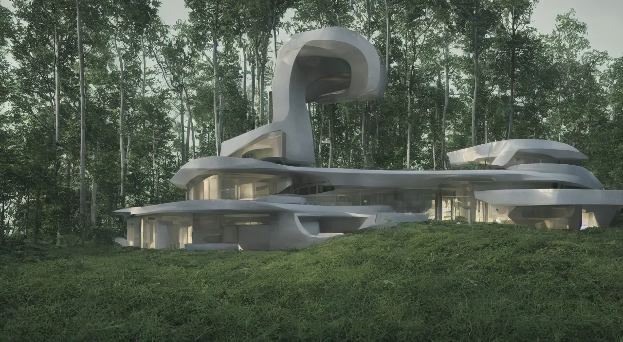 Image similar to a futuristic house sitting in the middle of the forest, unreal engine, zaha hadid, tom wright, ludwig mies van der rohe architectural designs, volumetric lighting, octane render, 8 k