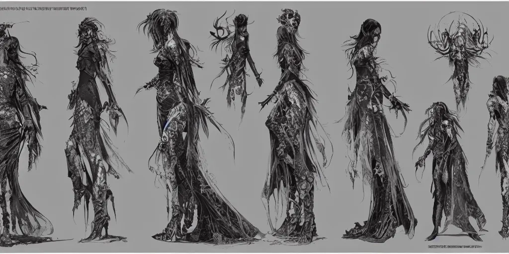 Prompt: gothic character back detail designs, Milo Manara, Greg Rutkowski, character sheet, Darek Zabrocki, Karlkka, Jayison Devadas, Phuoc Quan, trending on Artstation, 8K, ultra wide angle, pincushion lens effect