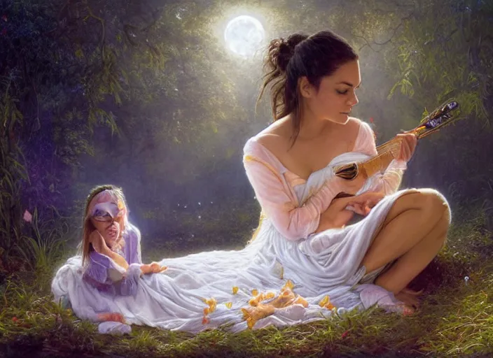 Prompt: Mila Kunis staring into the camera singing a lullaby, fireflies, full moon, Lilia Alvarado, Sophie Anderson, Mark Arian, Bob Byerley, Charlie Bowater, Mark Brooks, Steve Henderson, Justin Gerard, Arthur Hughes, Edward Robert Hughes, Mark Keathley, Victor Nizovtsev, Carlos Shwabe, Ross Tran, WLOP