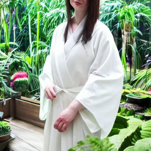 Image similar to close photo portrait of a pale skin woman wearing a white kimono in a tropical greenhouse