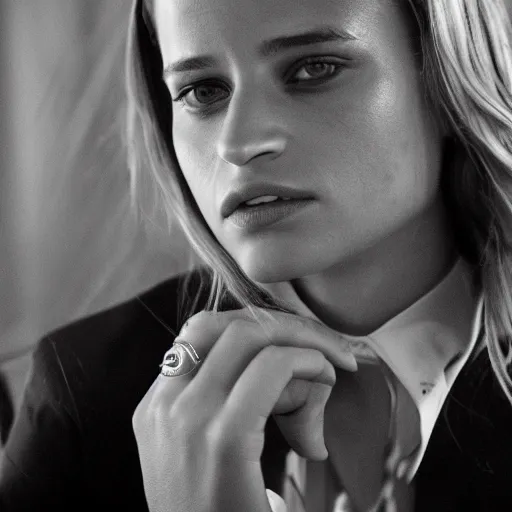 Image similar to alicia vikander, blonde hair, 5 0 mm film still the interview