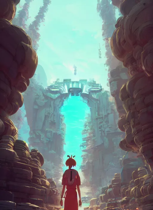 Image similar to warm canyon with giant gate entrance, nuclear powered, detailed, futuristic, cory loftis, james gilleard, atey ghailan, makoto shinkai, goro fujita, studio ghibli, rim light, exquisite lighting, clear focus, very coherent, plain background