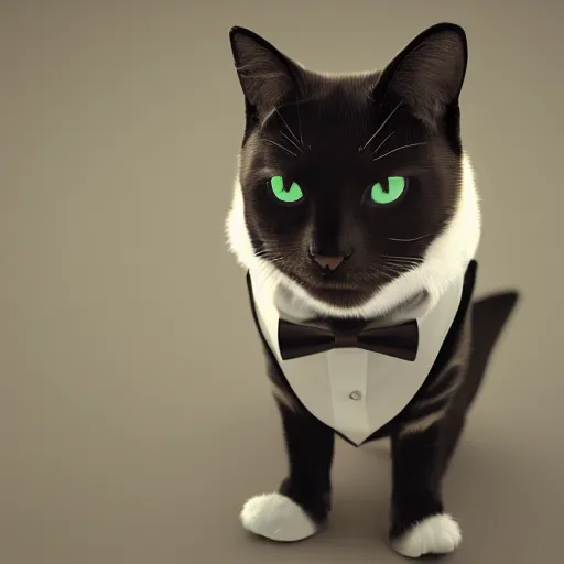 Image similar to photorealistic portrait of a cat with suit and bow tie, 8k, octane render, unreal engine 5, detailed