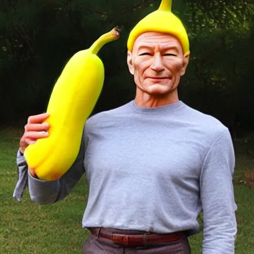 Image similar to patrick stewart in a banana costume as a figurine