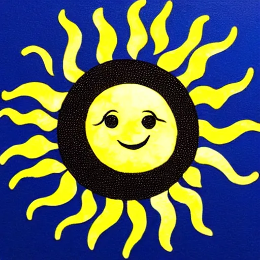 Prompt: a sun cute sun smiling with one tooth in color scheme black and blue