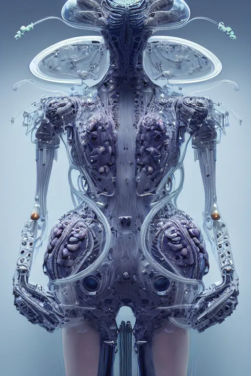 Image similar to background space station, baroque puffy dress iris van herpen positing on floor, perfect symmetrical, full body shot, white helmet on face, inflateble shapes, wires, tubes, veins, jellyfish, white biomechanical details, wearing epic bionic implants, masterpiece, intricate, biopunk, vogue, highly detailed, artstation, concept art, cyberpunk