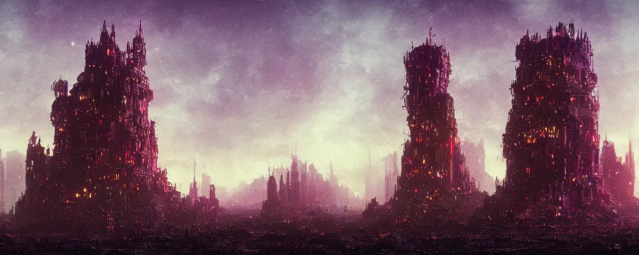 Image similar to ” tower made of shiny black rubber [ by paul lehr, cinematic, detailed, epic, widescreen, opening, establishing, mattepainting, photorealistic, realistic textures, octane render ] ”