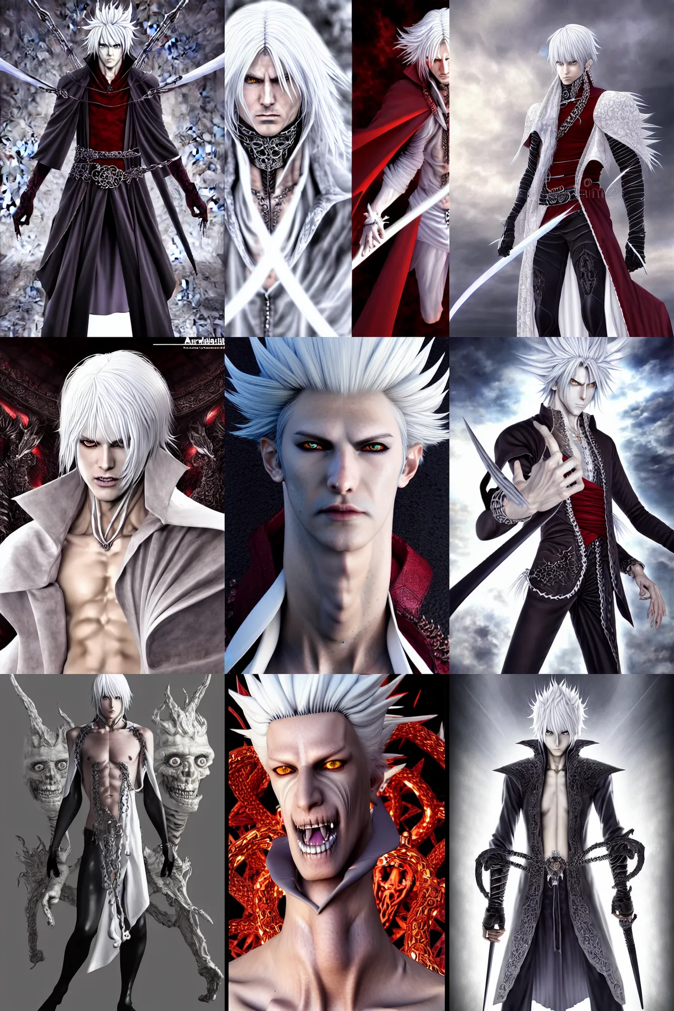 Prompt: complex 3 d render hyper realistic full length illustration of a handsome! powerful white haired necromancer, d & d, medieval fantasy, epic scene, dante's inferno, symmetrical, art by takeshi obata + billelis + hirohiko araki