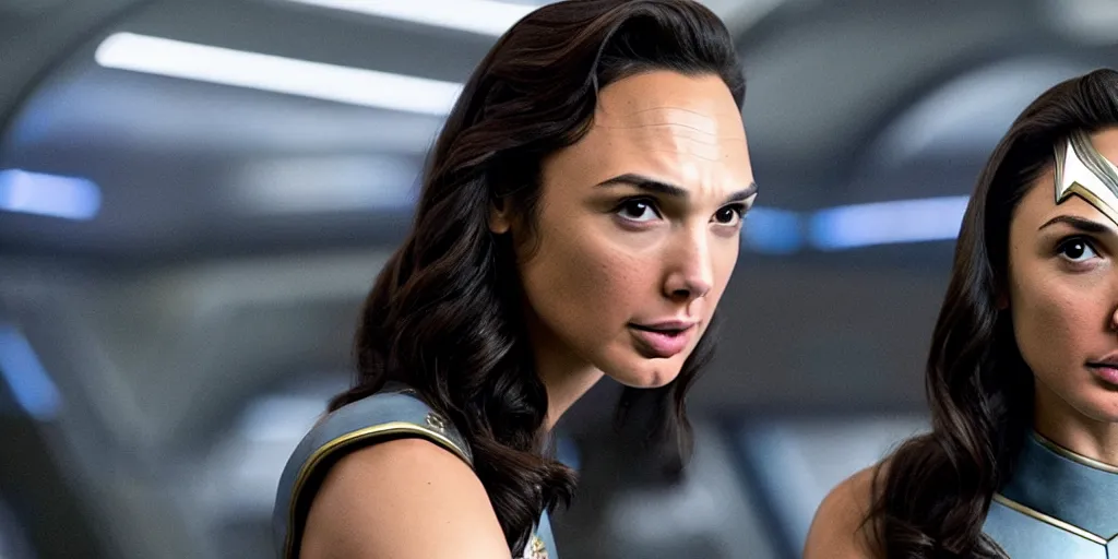 Image similar to gal gadot, in full starfleet uniform, is the captain of the starship enterprise in the new star trek movie