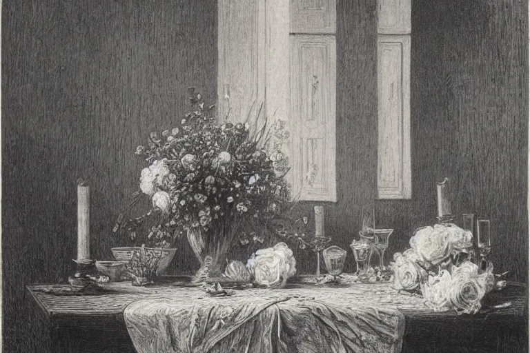 Prompt: black and white, flower bouquet at table in the dinner room, soft light, Gustave Dore lithography