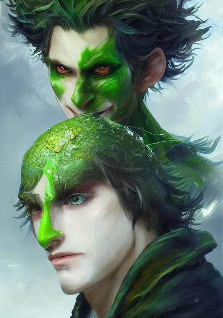 Image similar to A realistic anime portrait of a handsome dryad joker with glowing green eyes and tree bark skin wearing clothes made of leaves, digital painting, by Stanley Artgerm Lau, Sakimichan, WLOP and Rossdraws, digtial painting, trending on ArtStation, SFW version