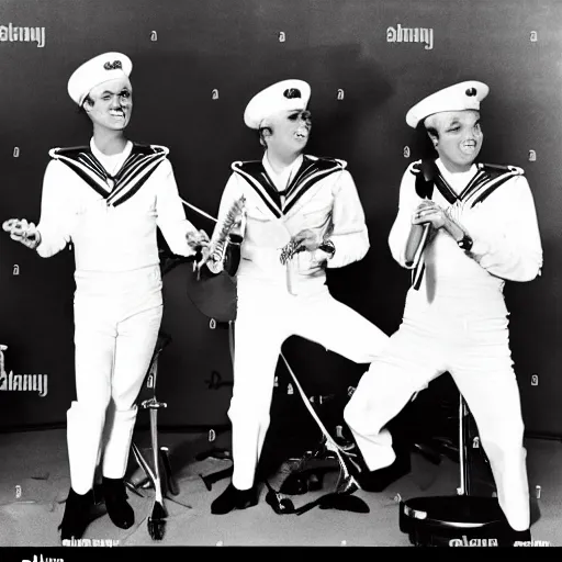 Image similar to 1 9 6 0 s photograph of a group of 4 white males performing rock music live on tv, dressed in peppermint themed sailor outfits with wide brim hats, tv studio