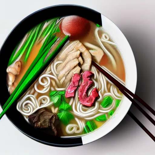 Prompt: flatlay realistic photo of delicious pho, ramen, highly detailed, natural light, 8 k hd, award winning, artstation,