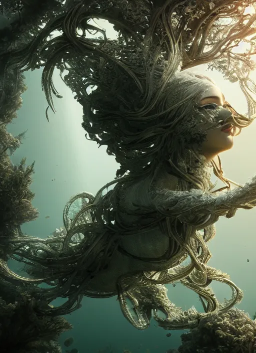 Image similar to beauteous underwater biomechanical incredible hair, crystalline masterpiece incrustations, hyperdetailed face, elegant pose, movie still, intricate, octane render, cinematic forest lighting, cgsociety, unreal engine, crepuscular rays, god rays, caustic lighting