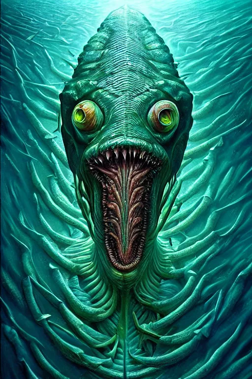 Image similar to hyperrealistic close-up surrealism underwater creature monster!! highly detailed concept art eric zener elson peter cinematic hard green lighting high angle hd 8k sharp shallow depth of field, inspired by David Paul Cronenberg and Zdzisław Beksiński