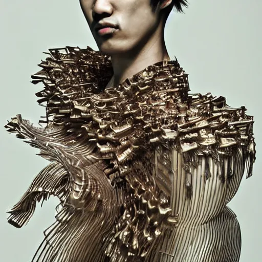 Prompt: a beautiful young japanese male wearing iris van herpen couture, photographed by erwin olaf