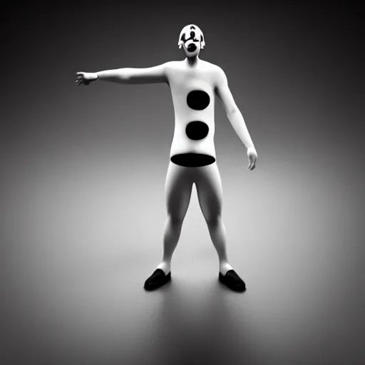 Prompt: a monochrome clown, 3d model, realistic lighting, dynamic reflections