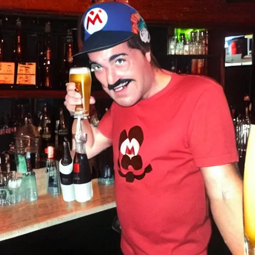 Image similar to super mario chugging a beer and getting drunk at a bar with the boys