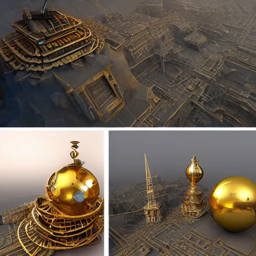 Image similar to hyper detailed hardsurface modelled 3 d geometry, houdini destruction of aminimalist design temple, tarnished gold sphere is far far in the distance, deep perspective, wide angle, insanely detailed and intricate,, eal, gold, silver red, paradise hospital environment,