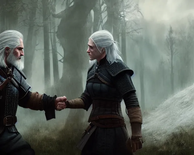 Image similar to 5 5 mm portrait photo of geralt arguing with yennefer. magical atmosphere. art by greg rutkowski. highly detailed 8 k. intricate. lifelike. soft light. nikon d 8 5 0.