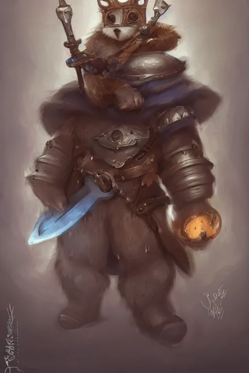 Image similar to cute little anthropomorphic bear knight wearing a cape and a crown, tiny, small, miniature bear, baby animal, short, pale blue armor, cute and adorable, pretty, beautiful, DnD character art portrait, matte fantasy painting, DeviantArt Artstation, by Jason Felix by Steve Argyle by Tyler Jacobson by Peter Mohrbacher, cinematic lighting