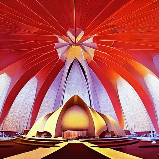 Image similar to interior of a futuristic lotus temple with gold, red and white marble panels, in the desert, by buckminster fuller and syd mead, intricate contemporary architecture, photo journalism, photography, cinematic, national geographic photoshoot