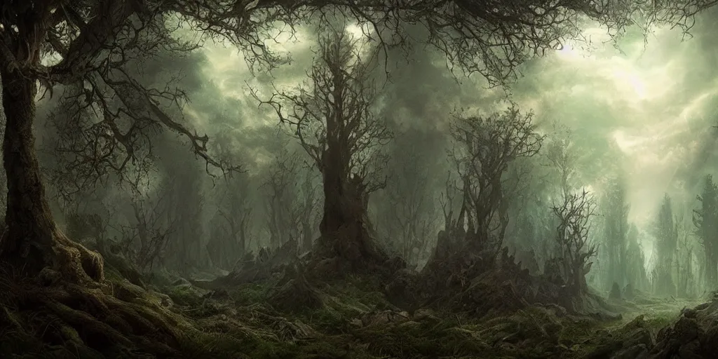 Image similar to beautiful matte painting of a fantasy dark forest