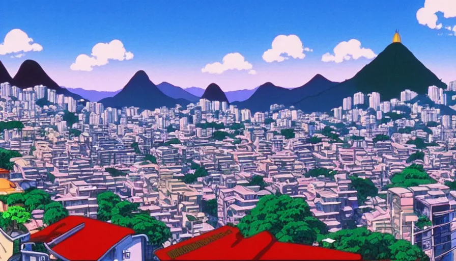 Prompt: 1 9 8 6 movie screencap of rio de janeiro, studio ghibli sky, beautiful favela background extremely utra high quality artwork 8 k
