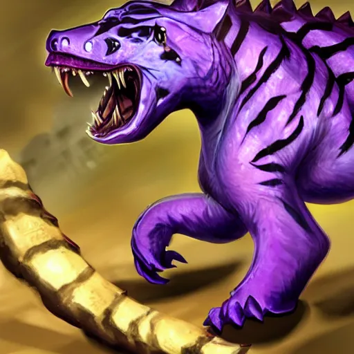 Image similar to violet fantasy crocodile tiger hybrid, fantasy game art, fantasy rpg, league of legends
