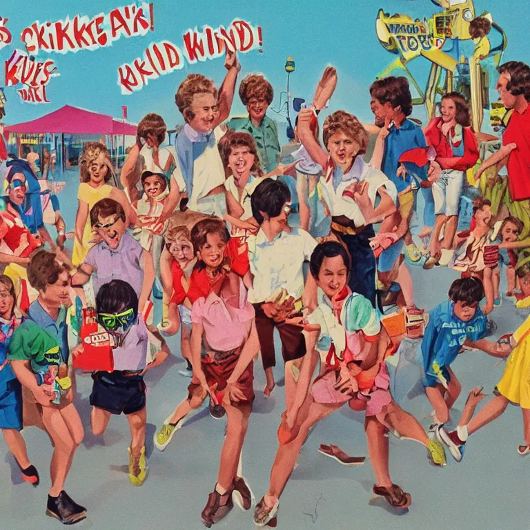 Image similar to kids who snuck out meeting at the carnival, detailed 1980s realistic advertising illustration