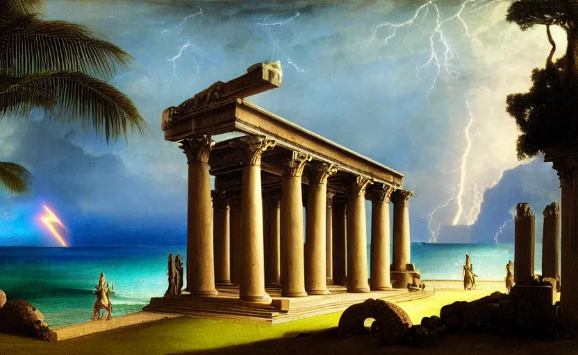 Image similar to Doric temple on front of balustrade and palace columns, refracted lightnings on the ocean, thunderstorm, tarot cards characters, beach and Tropical vegetation on the background major arcana sky and occult symbols, by paul delaroche, hyperrealistic 4k uhd, award-winning, very detailed paradise