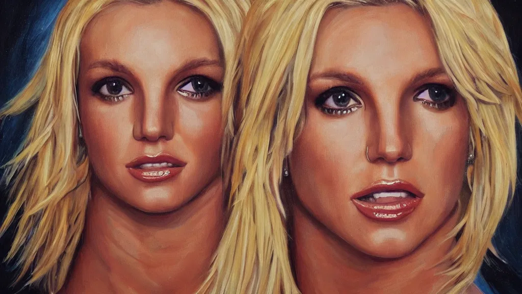 Image similar to A portrait painting of britney spears; the most beautiul painting in the world; trending on artstation; oil on canvas; correct face; correct eyes; anatomically correct; extraordinary masterpiece!!!!!!; 8k