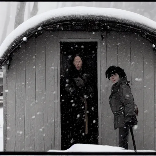 Image similar to a group of people is stuck in a hut while outside there’s a strong snowstorm, cinematic, movie still, film, movie, 35mm, award winning photography