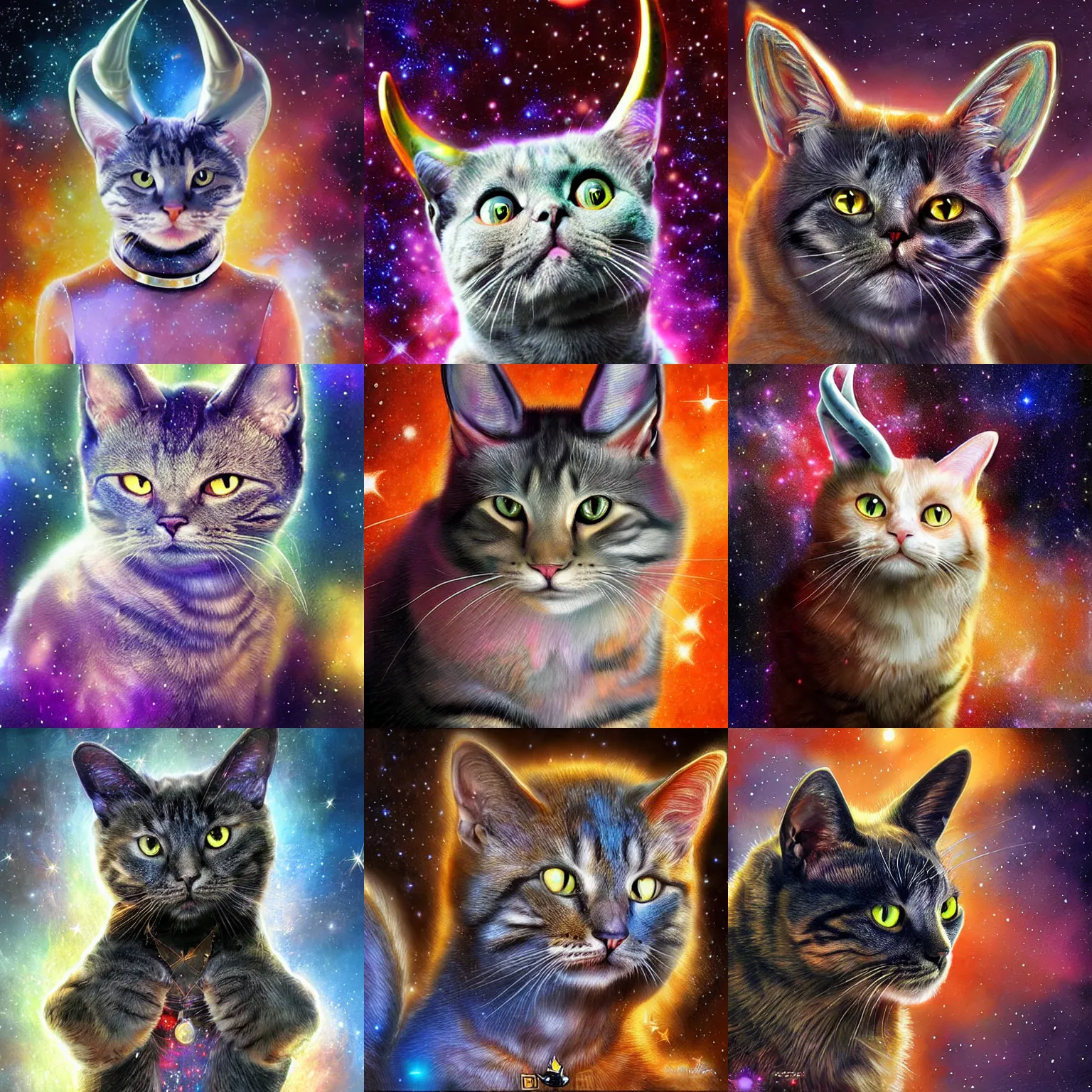 Prompt: a cosmic cat with horns, realistic painting, high definition, digital art, matte painting, very detailed, realistic