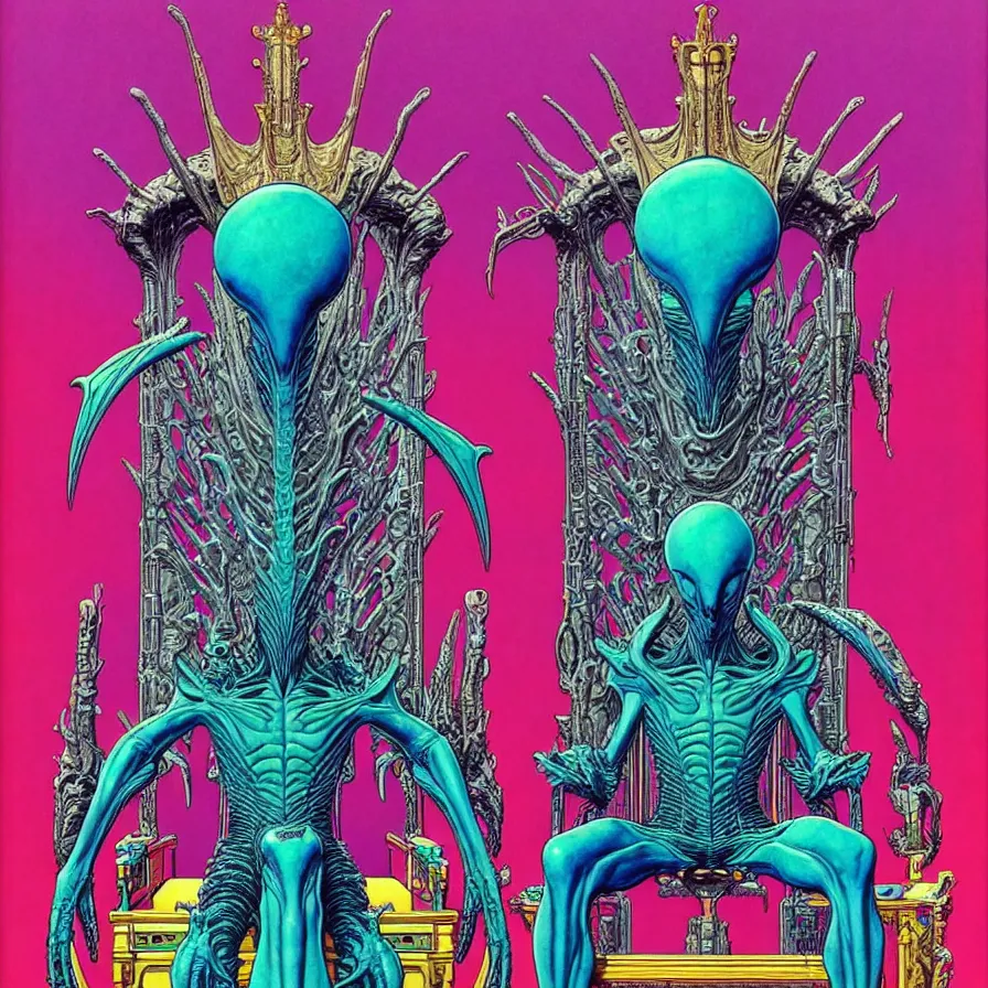 Image similar to ( ( ( ( an alien king sitting on a throne, with decorative frame design ) ) ) ) by mœbius!!!!!!!!!!!!!!!!!!!!!!!!!!!, overdetailed art, colorful, artistic record jacket design