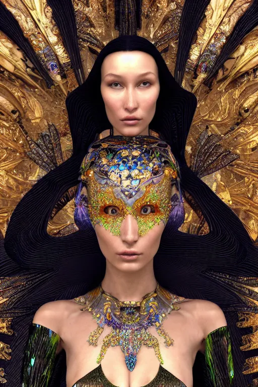 Prompt: a highly detailed metahuman 4 k close up render of an alien goddess bella hadid as kali in iris van herpen dress schiaparelli in diamonds swarovski and jewelry in style of alphonse mucha gustav klimt trending on artstation made in unreal engine 4