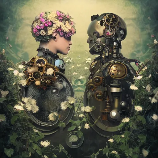 Image similar to a beautiful fine art RPG portrait photo of a mechanical industrial steampunk yin yang symbol, overgrown with morning glory flowers, montsera leaves by tom bagshaw and zach sutton, golden ratio composition, soft studio lighting, soft vignette, 50mm lens, very detailed, bionic, cybernetic scifi, deep depth of field, artstation, 8K