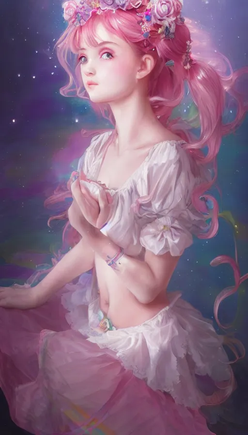 Prompt: portrait of magical lolita girl, dreamy and ethereal, expressive pose, big pink eyes, peaceful expression, , fantasy, intricate, elegant, many rainbow bubbles, rose tones, highly detailed, digital painting, artstation, concept art,cyberpunk dress, smooth, sharp focus, illustration, art by artgerm and greg rutkowskiand alphonse mucha