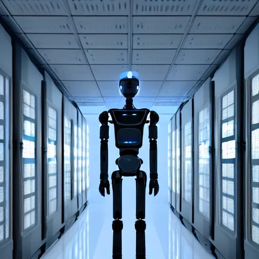 Image similar to hyperrealism stock photo of highly detailed stylish humanoid robot in sci - fi style by gragory crewdson and vincent di fate in the highly detailed data center by mike winkelmann and laurie greasley rendered in blender and octane render