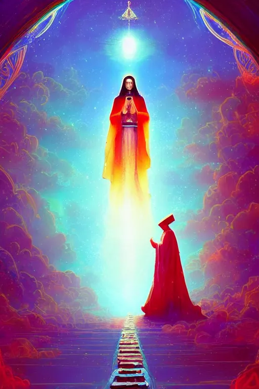 Prompt: the hierophant stands a bridge between heaven and earth holding knowledge and tradition in her hands, 8 k resolution digital painting, vibrant colors, by alena aenami, by michael whelan, behance hd, trending on artstation deviantart