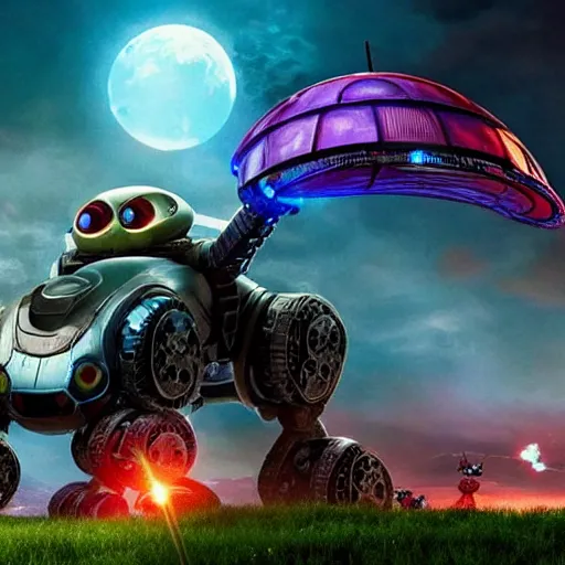 Image similar to promotional movie still, ladybug futuristic ( ( descendants ) ), ladybug quadruped with big rgb eyes, huge ladybug mothership, space western, dramatic lighting, the fellowship of the ring ( film ), ( ( ( wall - e ( film ) ) ) )