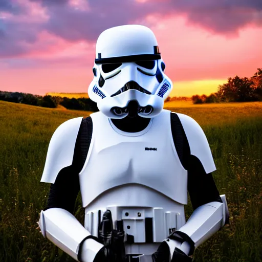 Image similar to realistic stormtrooper in a field. france, dordogne, hills, ultra high,, detail, 8 k, sunset, flowers, trees, river, hills, octane render.