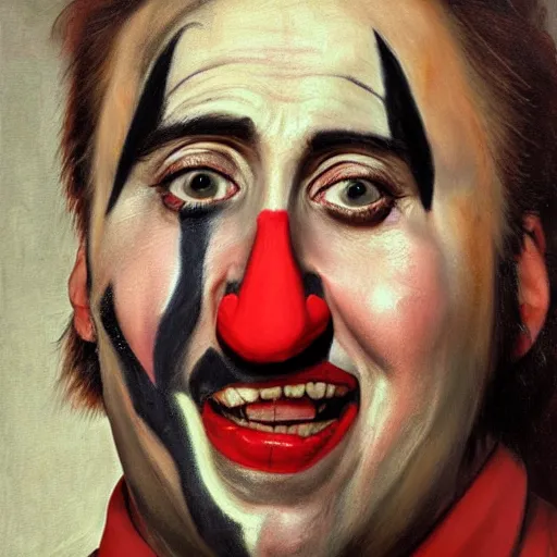 Prompt: detailing character concept portrait of Nicholas Cage acting as a clown by Caravaggio, on simple background, oil painting, middle close up composition, hyper realistic