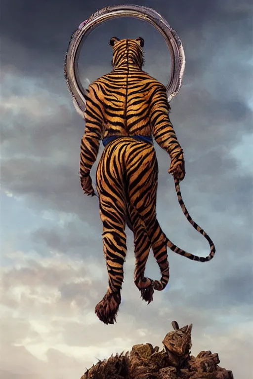 Image similar to a humanoid tiger king stands on a magical circle by greg rutkowski, magic realism, hyper realistic, 2 0 0 mm lens