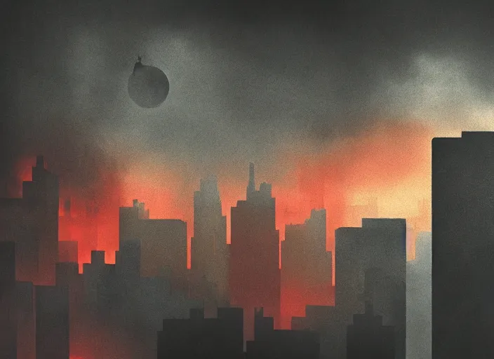 Prompt: editorial illustration by Karolis Strautniekas and Mads Berg, colorful, city of the lost,sky on fire,black moon, fine texture, detailed, matte colors, film noir, dramatic lighting, dynamic composition, moody, vivid, volumetric